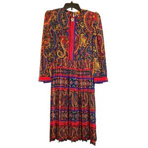 Vintage 1970's Lady Carol of New York Paisley Multi-color Pleated Skirt Dress